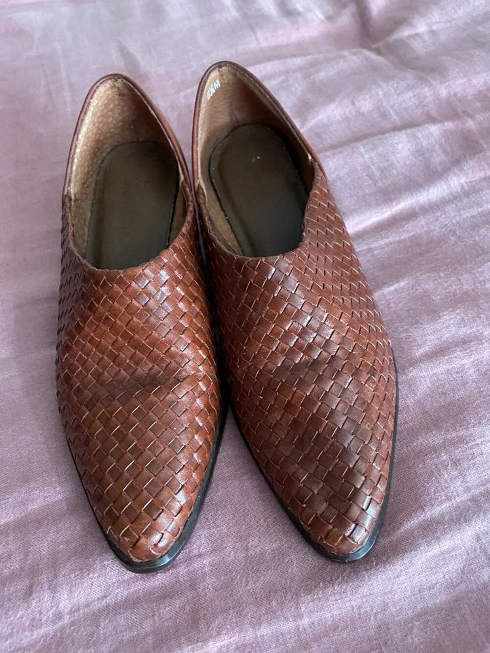 True Vintage Ellemenno Woven Brown Leather Kitten Heels - Size 5 1/2M